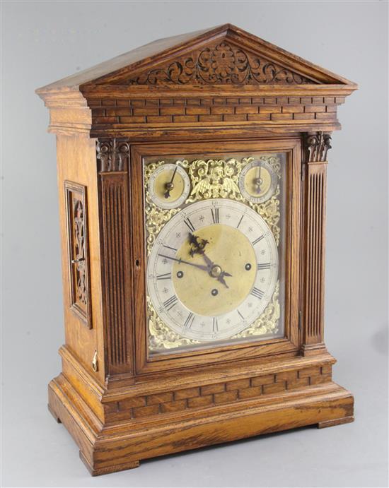 A late Victorian oak bracket clock H.21in.